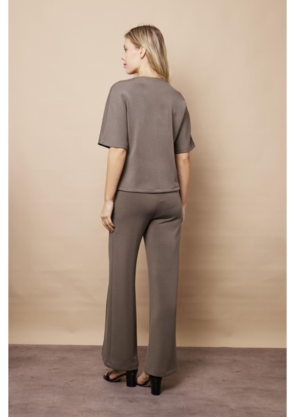 Kadın 1.sınıf Kaliteli Modal Esnek Kumaş Yüksek Bel Önden Dikişli Yan Cepli Bol Paça Palazzo Pantolon-Haki fırsatları