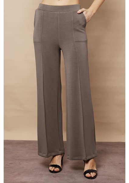 Kadın 1.sınıf Kaliteli Modal Esnek Kumaş Yüksek Bel Önden Dikişli Yan Cepli Bol Paça Palazzo Pantolon-Haki indirimleri