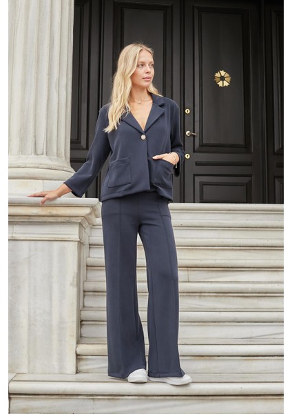 Kadın Ipeksi Esnek Kalın Modal Kumaş Yüksek Bel Önden Dikişli Cepli Bol Paça Palazzo Pantolon-Lacivert