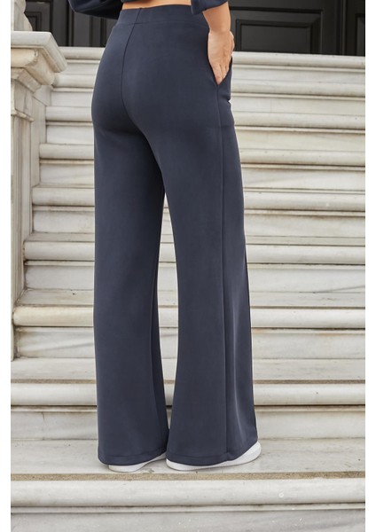 Kadın Ipeksi Esnek Kalın Modal Kumaş Yüksek Bel Önden Dikişli Cepli Bol Paça Palazzo Pantolon-Lacivert fiyatları