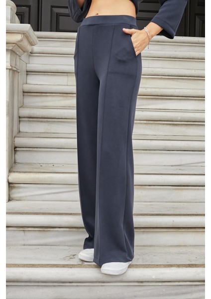 Kadın Ipeksi Esnek Kalın Modal Kumaş Yüksek Bel Önden Dikişli Cepli Bol Paça Palazzo Pantolon-Lacivert modelleri