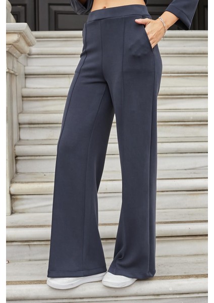 Kadın Ipeksi Esnek Kalın Modal Kumaş Yüksek Bel Önden Dikişli Cepli Bol Paça Palazzo Pantolon-Lacivert fırsatları