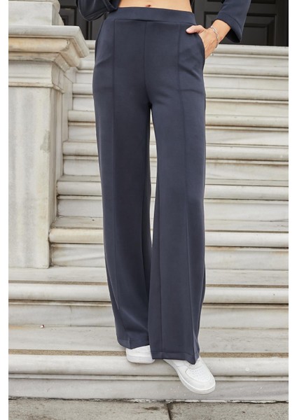Kadın Ipeksi Esnek Kalın Modal Kumaş Yüksek Bel Önden Dikişli Cepli Bol Paça Palazzo Pantolon-Lacivert indirimleri