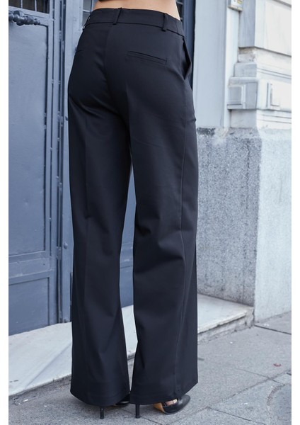 Kadın Yüksek Bel Yan Cepli Bol Paça Rahat Kesim Palazzo Kumaş Pantolon-Siyah