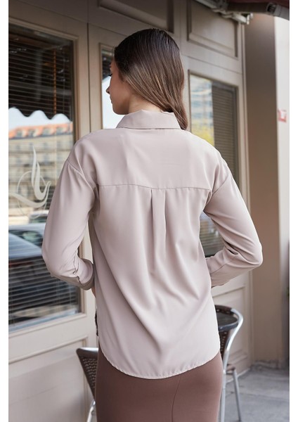 Kadın Yakalı Düşük Omuzlu Uzun Kol Likrasız Kumaş Gömlek-Vizon fırsatları