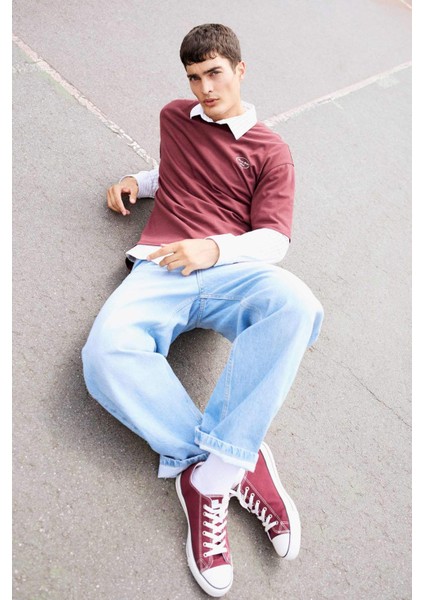 %100 Pamuk Skater Fit Geniş Kalıp Yüksek Bel Geniş Paça Jean Pantolon F3925AX25SM