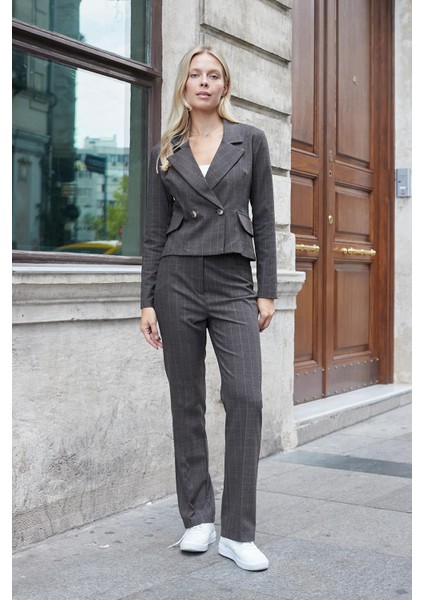 Kadın Yüksek Bel Alman Cepli Boru Paça Bacak Kısmı Rahat Hafif Esnek Kumaş Pantolon-Koyu Kahve Ekose modelleri