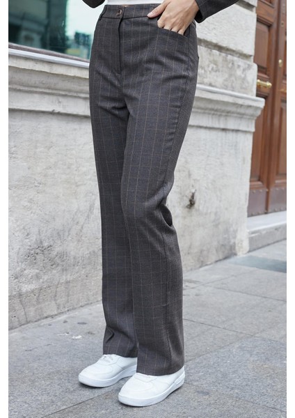 Kadın Yüksek Bel Alman Cepli Boru Paça Bacak Kısmı Rahat Hafif Esnek Kumaş Pantolon-Koyu Kahve Ekose indirimleri