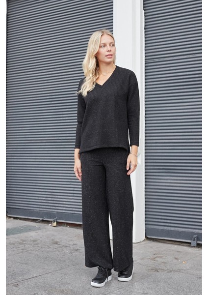 Kadın Simli Kaşkorse Yüksek Bel Yan Cepli Beli Lastikli Bol Paça Pantolon -Siyah