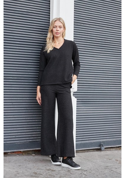 Kadın Simli Kaşkorse Yüksek Bel Yan Cepli Beli Lastikli Bol Paça Pantolon -Siyah