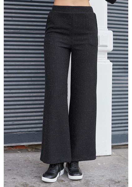 Kadın Simli Kaşkorse Yüksek Bel Yan Cepli Beli Lastikli Bol Paça Pantolon -Siyah