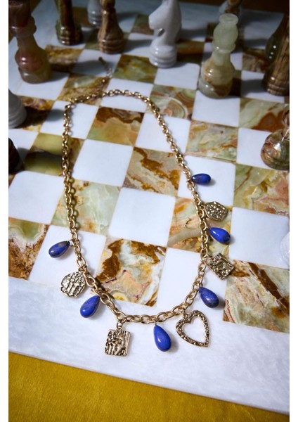 Kadın Mavi Taşlı Kalpli Gold Kolye F6683AXNS