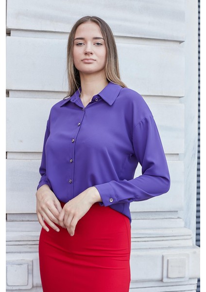 Kadın Yakalı Düşük Omuzlu Uzun Kol Likrasız Kumaş Gömlek-Eflatun