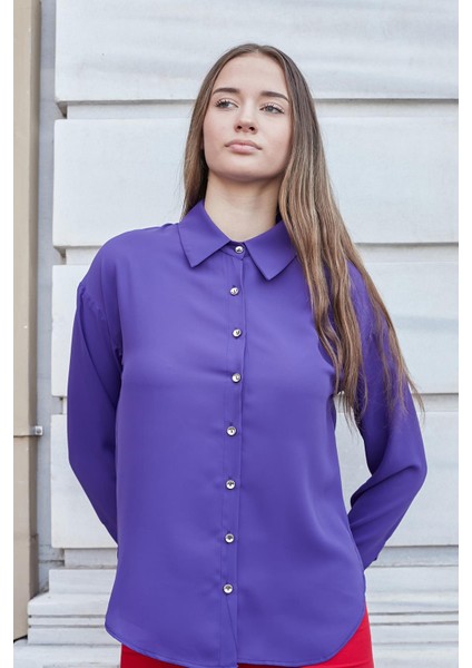 Kadın Yakalı Düşük Omuzlu Uzun Kol Likrasız Kumaş Gömlek-Eflatun