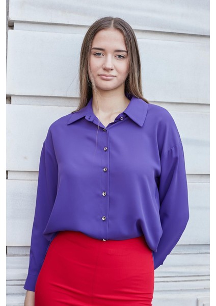 Kadın Yakalı Düşük Omuzlu Uzun Kol Likrasız Kumaş Gömlek-Eflatun