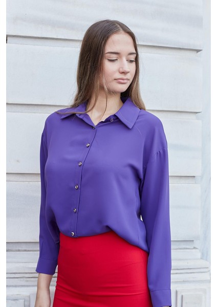 Kadın Yakalı Düşük Omuzlu Uzun Kol Likrasız Kumaş Gömlek-Eflatun