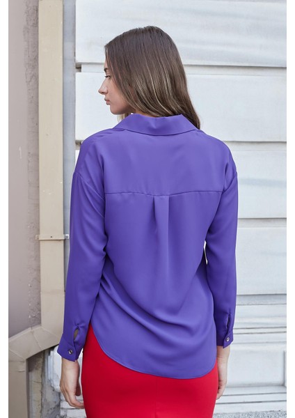 Kadın Yakalı Düşük Omuzlu Uzun Kol Likrasız Kumaş Gömlek-Eflatun