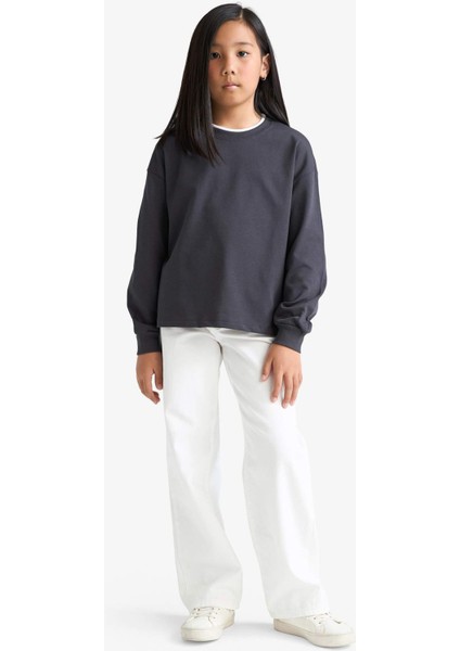 Kız Çocuk Relax Fit Bisiklet Yaka Uzun Kollu Okul Tişörtü E8816A825AU indirimleri