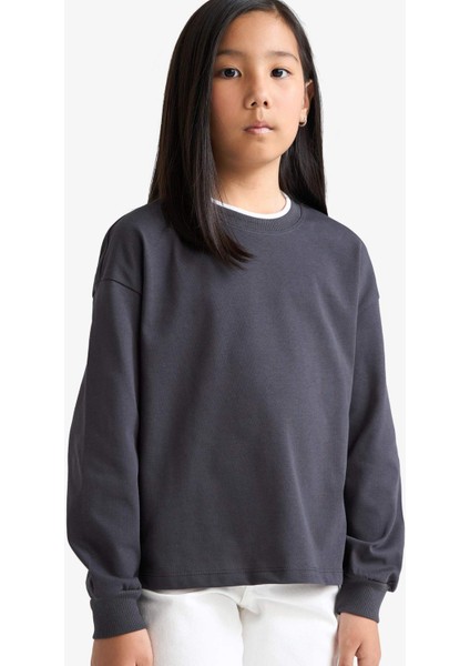 Kız Çocuk Relax Fit Bisiklet Yaka Uzun Kollu Okul Tişörtü E8816A825AU