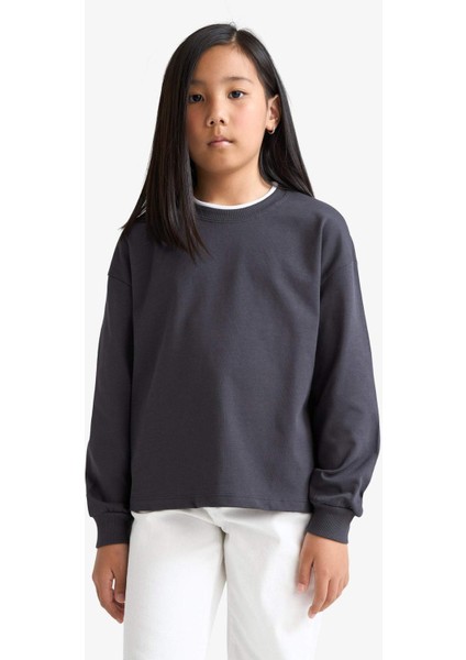 Kız Çocuk Relax Fit Bisiklet Yaka Uzun Kollu Okul Tişörtü E8816A825AU