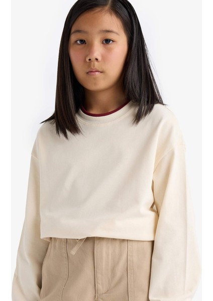 Kız Çocuk Relax Fit Bisiklet Yaka Okul Uzun Kollu Tişörtü E8816A825AU modelleri