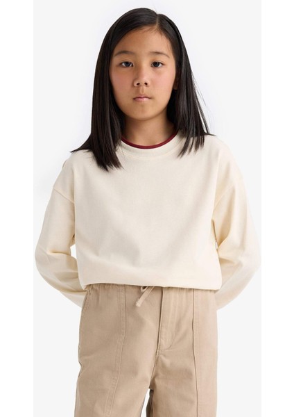 Kız Çocuk Relax Fit Bisiklet Yaka Okul Uzun Kollu Tişörtü E8816A825AU indirimleri