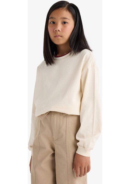 Kız Çocuk Relax Fit Bisiklet Yaka Okul Uzun Kollu Tişörtü E8816A825AU