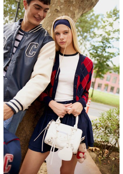 Fitted V Yaka Baklava Desenli Düğmeli Hırka F9566AX25WN