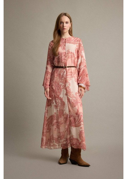 Kaçık Yaka Şal Desenli Uzun Kollu Kemerli Şifon Maxi Elbise G0016AX25AU