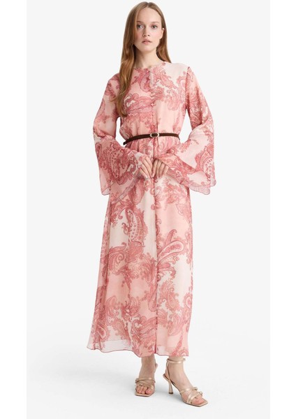 Kaçık Yaka Şal Desenli Uzun Kollu Kemerli Şifon Maxi Elbise G0016AX25AU modelleri