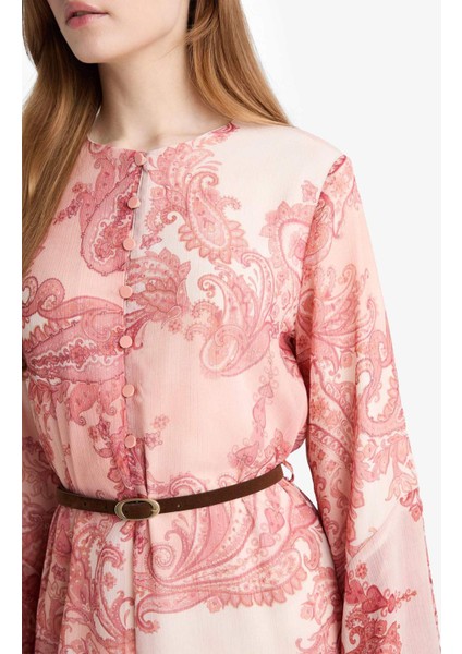 Kaçık Yaka Şal Desenli Uzun Kollu Kemerli Şifon Maxi Elbise G0016AX25AU