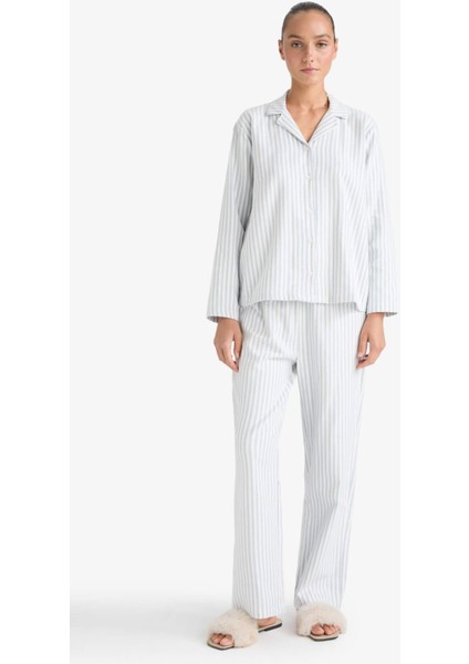 Pijama Takımı Regular Fit Flanel Çizgili Uzun Kollu Üst Uzun Alt-Fall in Love E7252AX25AU