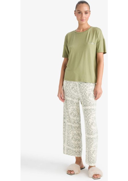 Pijama Takımı Regular Fit Kısa Kollu Üst Desenli Uzun Alt-Fall in Love F7560AX25AU