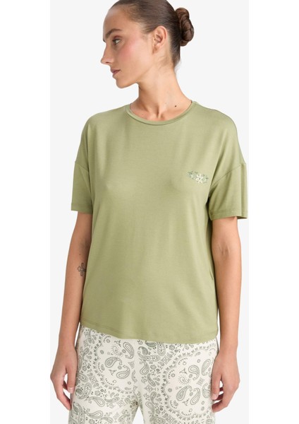 Pijama Takımı Regular Fit Kısa Kollu Üst Desenli Uzun Alt-Fall in Love F7560AX25AU fırsatları