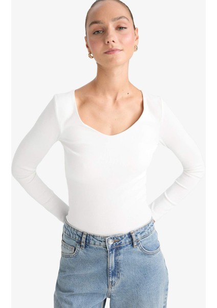 Slim Fit Dar Kesim Basic Düz Modal Uzun Kollu Tişört F7153AX25AU