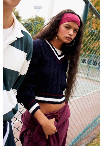 Coool Regular Fit V Yaka Saç Örgülü Triko Kazak C7321AX25WN