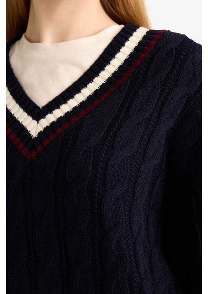 Coool Regular Fit V Yaka Saç Örgülü Triko Kazak C7321AX25WN