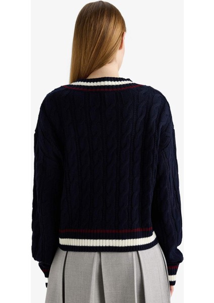 Coool Regular Fit V Yaka Saç Örgülü Triko Kazak C7321AX25WN