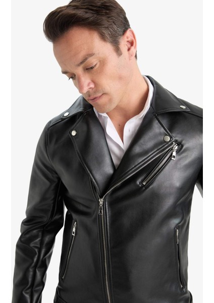 Su ve Rüzgar İtici Slim Fit Dar Kesim Mevsimlik Astarlı Fermuarlı İç Cepli Suni Deri Biker Mont C5715AX25AU