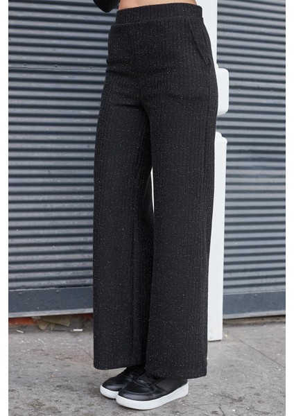 Kadın Simli Kaşkorse Yüksek Bel Yan Cepli Beli Lastikli Bol Paça Pantolon -Siyah fırsatları