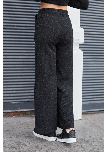 Kadın Simli Kaşkorse Yüksek Bel Yan Cepli Beli Lastikli Bol Paça Pantolon -Siyah indirimleri