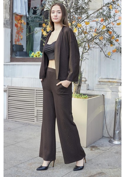 Kadın Ipeksi Dokulu Esnek Modal Kumaş Taş Baskılı Beli Lastikli Bol Paça Palazzo Pantolon-Kahve