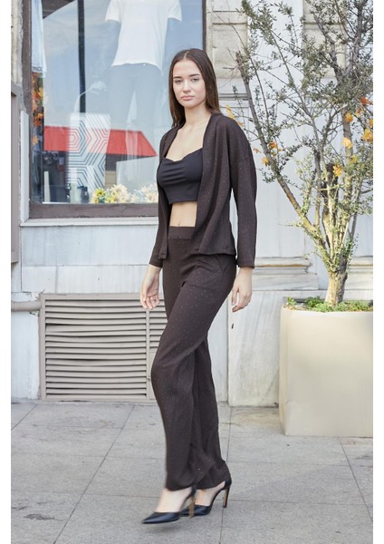 Kadın Ipeksi Dokulu Esnek Modal Kumaş Taş Baskılı Beli Lastikli Bol Paça Palazzo Pantolon-Kahve modelleri