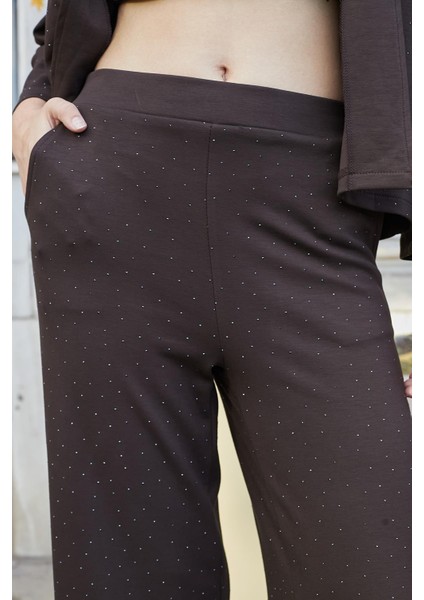 Kadın Ipeksi Dokulu Esnek Modal Kumaş Taş Baskılı Beli Lastikli Bol Paça Palazzo Pantolon-Kahve fırsatları