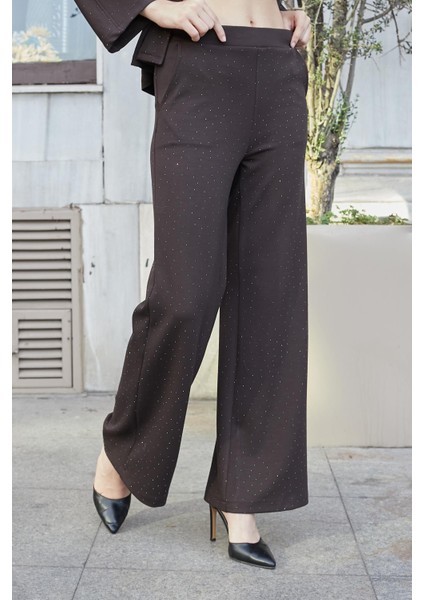 Kadın Ipeksi Dokulu Esnek Modal Kumaş Taş Baskılı Beli Lastikli Bol Paça Palazzo Pantolon-Kahve indirimleri