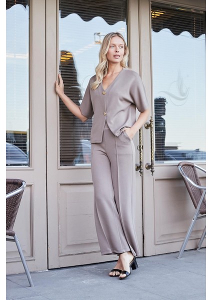 Kadın 1.sınıf Modal Esnek Kumaş Yüksek Bel Önden Dikişli Yan Cepli Bol Paça Palazzo Pantolon-Vizon