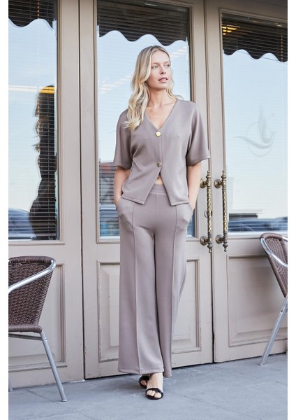 Kadın 1.sınıf Modal Esnek Kumaş Yüksek Bel Önden Dikişli Yan Cepli Bol Paça Palazzo Pantolon-Vizon modelleri