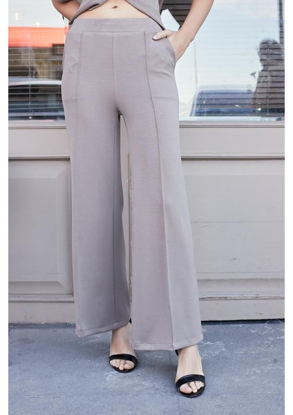 Kadın 1.sınıf Modal Esnek Kumaş Yüksek Bel Önden Dikişli Yan Cepli Bol Paça Palazzo Pantolon-Vizon fırsatları