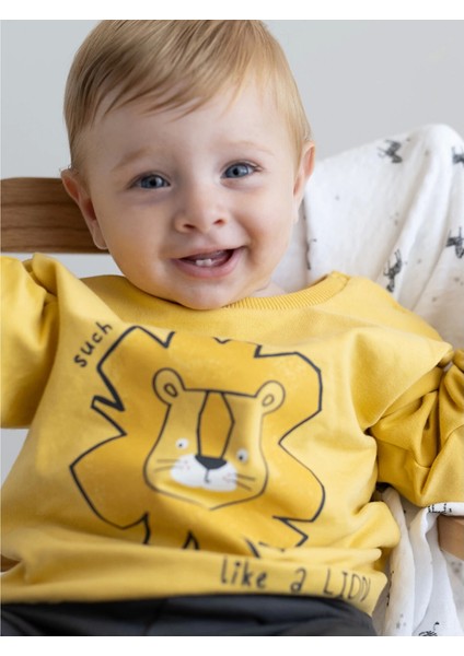 Lcw Baby Sari Bisiklet Yaka Uzun Kollu Baskılı Erkek Bebek Sweatshirt ve Eşofman Alt 2'li Takım indirimleri