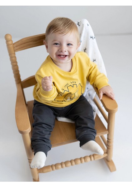 Lcw Baby Sari Bisiklet Yaka Uzun Kollu Baskılı Erkek Bebek Sweatshirt ve Eşofman Alt 2'li Takım